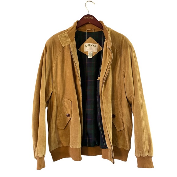 Orvis Mens Camel Tan Suede Leather Bomber Jacket, Size Large - Picture 5 of 16